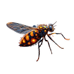 A macro closeup of a small black fly with detailed wings, a pest insect isolated on a white background.
