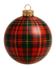 Plastic ball ornament with red and green plaid pattern
