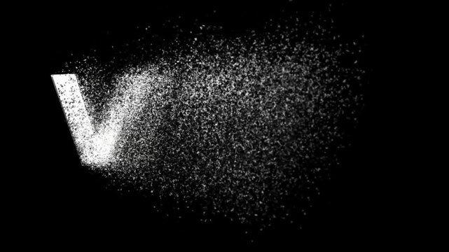Disappearing English alphabet V into small particles on plain black background