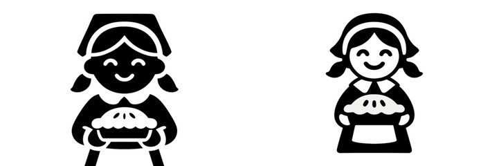 Black and white glyph icon set of a young pilgrim girl in historical costume holding a freshly baked pie for a Thanksgiving holiday feast