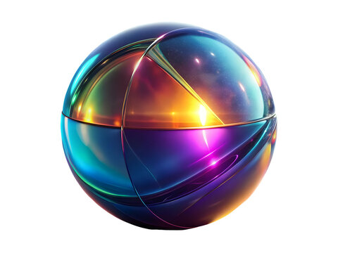 3 D Render of a Bisectioned Iridescent Sphere Showing Internal Glow and Teal Purple Gold Hues isolated on a transparent background