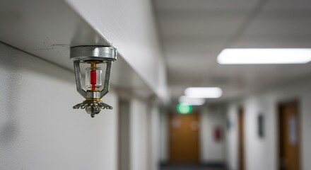 Close-up of a fire sprinkler head installed in a commercial building corridor with a blurred background of hallway details, fire safety and security system