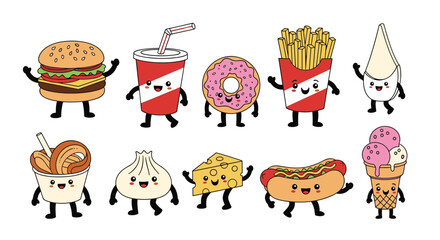 Cute cartoon fast food characters cheerfully invite you to a fun and delicious meal experience