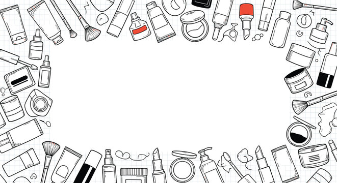 Charming doodle frame of cosmetics and beauty products for skincare brand advertisement and promotion