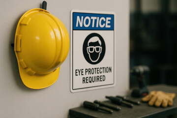 Yellow hard hat safety helmet eye protection sign required wall with tools and gloves workshop