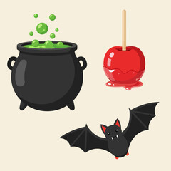 Halloween Icons: Black Cauldron with Bubbling Potion, Candy Apple on Stick, and Bat