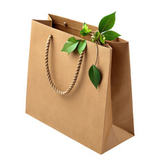 Brown paper shopping bag with green leaves and rope handles isolated on transparent background