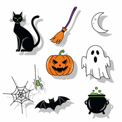 Fototapeta premium Halloween Icons Collection: Black Cat, Pumpkin, Ghost, Broom, Spider, Bat, Moon, Cauldron