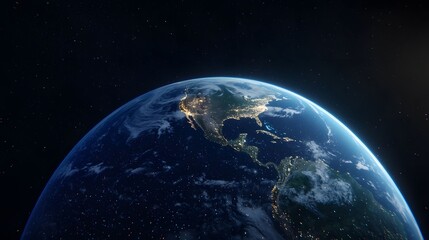 Fototapeta premium A view of planet Earth from space, showcasing city lights illuminating North and Central America against a dark, star-studded sky, with visible cloud cover.