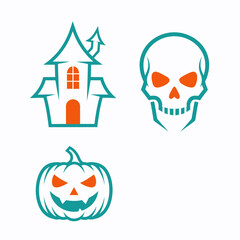 Halloween Icons: Spooky Haunted House, Skull, and Jack-o'-lantern, Teal and Orange