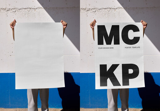 Mockup Of Man Holding Vertical Customized Poster Over Face