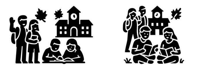Back to school icon set with students on campus during autumn, featuring a schoolhouse, reading books, and studying together in a simple black glyph style