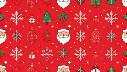 Seamless Christmas pattern with Santa Claus, snowflakes, gift boxes, Christmas trees, candy canes, stockings, and ornaments on a red festive background.