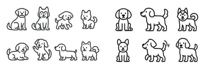 Charming collection of cute dog and puppy characters in various breeds and poses including sitting and walking
