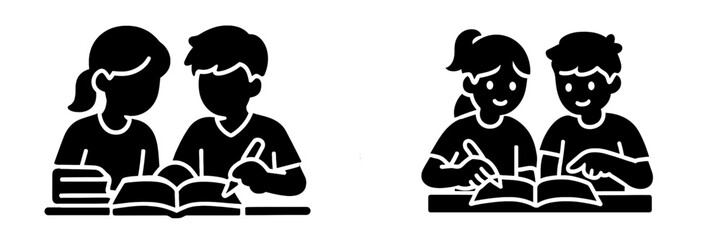 Students doing homework together solid black glyph icon set. Boy and girl learning at a desk with books for school education concept