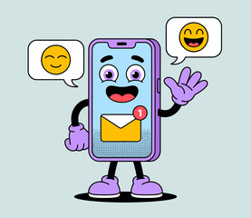 Happy smartphone character with new message notification and cheerful emojis