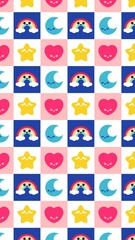Obraz premium Whimsical pastel pattern with rainbow, moon, star, and heart elements for joyful designs