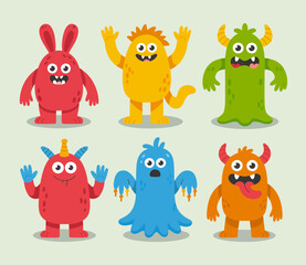 Six friendly cartoon monsters of various colors and shapes perfect for kids illustrations