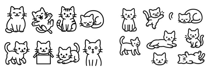 Set of cute cartoon cat characters in various poses, simple black and white line art icons for pet or animal themes