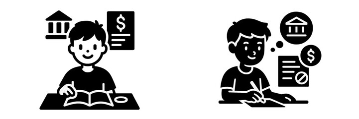 Student loan application and financial aid rejection glyph icons for education finance and tuition debt concepts