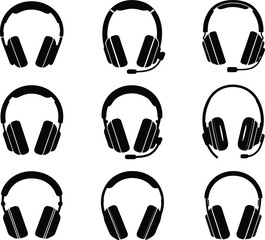 Headphones and headsets black and white icon set: perfect for tech, audio, and communication designs.