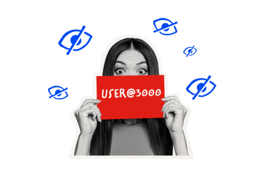 Composite photo collage of astonished girl hold nickname account poster webpage social network eyes security isolated on painted background