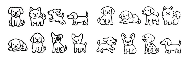 Set of cute cartoon dog icons in various breeds and poses, simple black and white line art collection for pets and animals