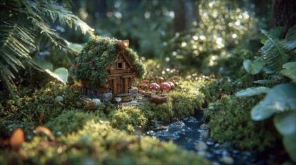 Enchanting Mini Cottage Surrounded by Vibrant Greenery and Mushrooms in a Serene Forest Setting