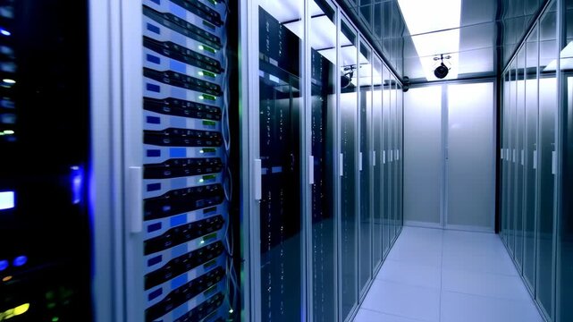A long corridor of server racks in a data center, lit with cool blue light, showcasing rows of gleaming glass-fronted cabinets filled with network hardware, and a security camera overhead - Powered by Adobe