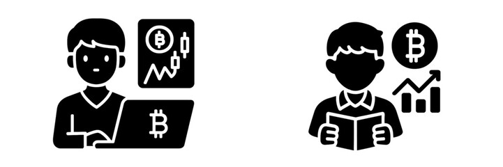 Black glyph icons representing cryptocurrency trading analysis and financial education about Bitcoin investment