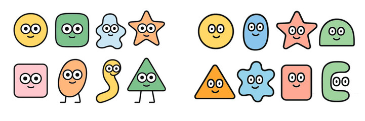 Playful collection of colorful simple cartoon characters depicted as various geometric and organic shapes with happy faces