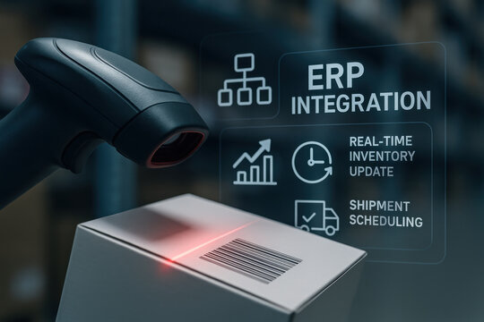 Barcode scanner scanning box with ERP integration for real time inventory and shipment scheduling