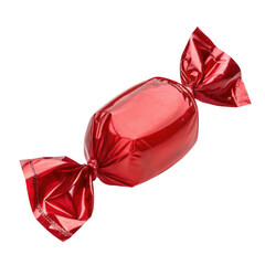 Shiny red foil wrapped candy with twisted ends isolated on transparent background