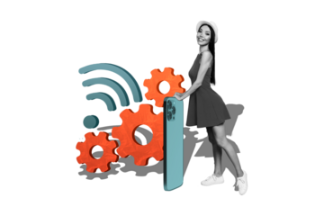 Poster banner collage of girl hold cell smart device with gear cog wheel hotspot on pastel color background