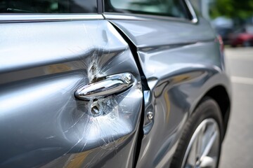 Fototapeta premium Car Door Dent. Automobile Accident with Dent on Left Side After Collision