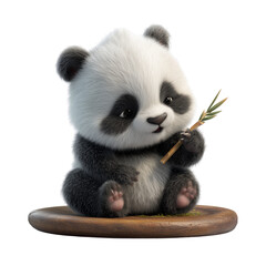 Fototapeta premium Adorable baby panda bear sitting on a wooden base eating bamboo sprout isolated on transparent background