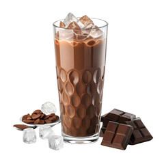 Refreshing tall glass of iced chocolate milk with ice cubes and chocolate pieces isolated on transparent background