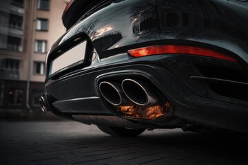 Car Upgrade: Rear View of Black Sports Car with Dual Exhaust System
