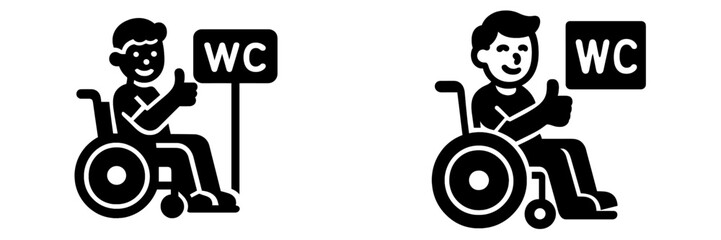 Accessible toilet icon set with a person in a wheelchair giving a thumbs up gesture next to a WC sign for public restroom facilities