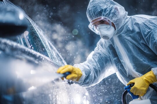 Car Sanitize. Specialist in Protective Suit Disinfecting Vehicle Against Pandemic