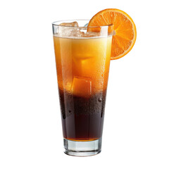 Tall glass filled with layered dark brown and orange beverage with ice and orange slice garnish isolated on transparent background