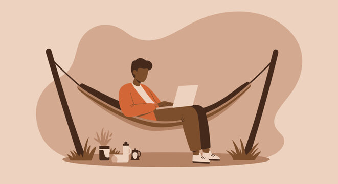 Young man works remotely on his laptop from a comfortable hammock outdoors, embodying a flexible lifestyle and the blend of productivity with leisure.