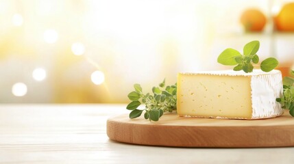 Creamy cheese on a wooden board with herbs in a softly lit kitchen