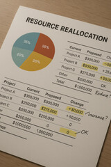 Resource reallocation chart with pie graph and financial data showing project budget changes