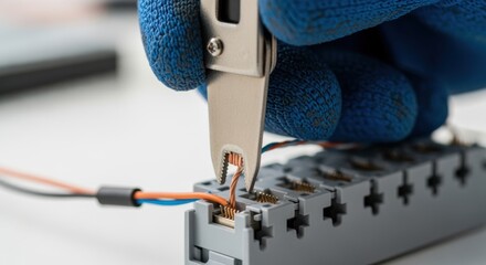 Macro shot highlighting copper wires being pressed firmly into individual slots on an Ethernet keystone jack punchdown block.