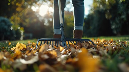 Person Raking Fallen Leaves in a Garden with Sunlight in Background 