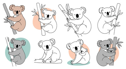 Fototapeta premium Adorable koalas clinging to branches in playful, cute illustrations perfect for kids' designs