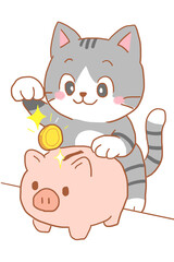 Cute Cat Saving Money with Piggy Bank　貯金箱にお金を入れる猫