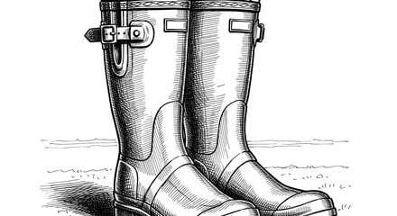 Vintage rubber rain boots engraving — black-and-white retro illustration of sturdy Wellington boots
