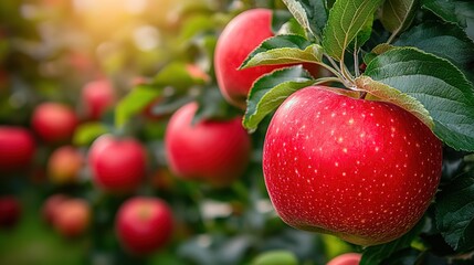 Obraz premium Vibrant Red Apples Hanging on Tree with Green Leaves